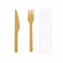 Load image into Gallery viewer, Individual Paper Wrapped Wooden Cutlery Kit (Fork, Knife, Napkin)