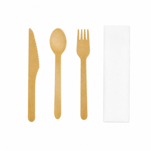 Load image into Gallery viewer, Individually Paper Wrapped Wooden Cutlery Kit (Fork, Knife, Spoon, Napkin)