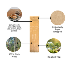 Load image into Gallery viewer, Individually Paper Wrapped Wooden Cutlery Kit (Fork, Knife, Spoon, Napkin)