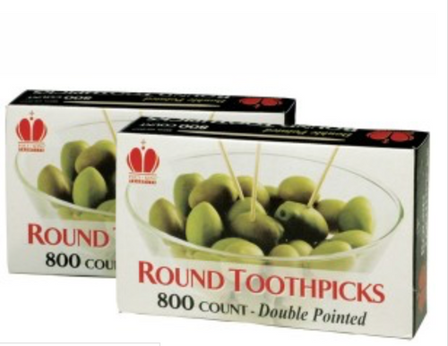 Poly King® Round Toothpicks Unwrapped Double Pointed Wooden 19,200 Count