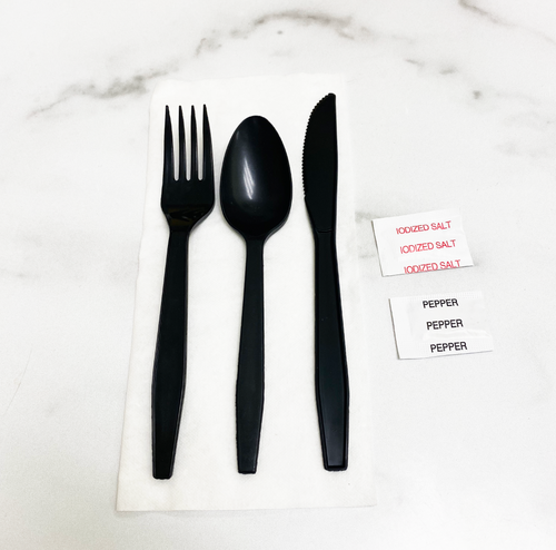 Poly King® MK7 Fork/Knife/Spoon/Napkin/Salt/Pepper Wrapped Black/White, Polystyrene 250 Count