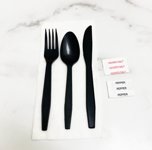 Poly King® MK7 Fork/Knife/Spoon/Napkin/Salt/Pepper Wrapped Black/White, Polystyrene 250 Count