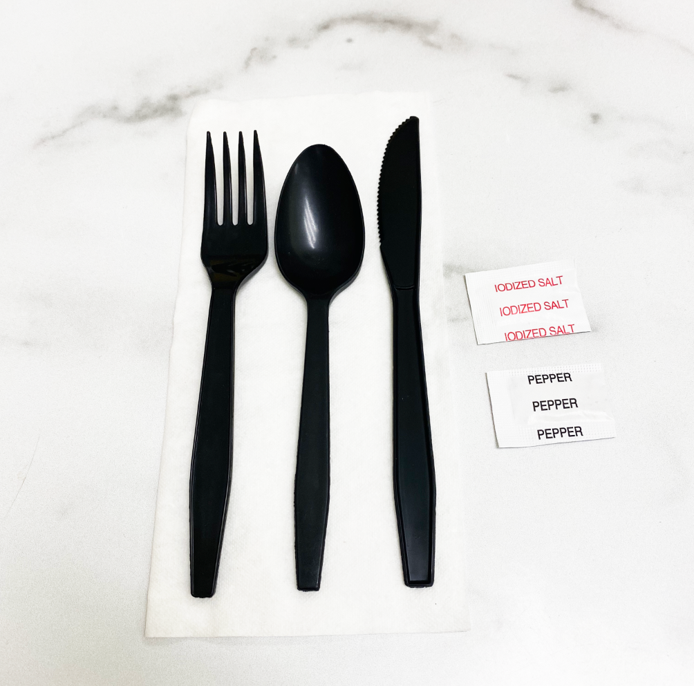 Poly King® MK7 Fork/Knife/Spoon/Napkin/Salt/Pepper Wrapped Black/White, Polystyrene 250 Count