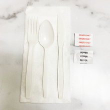 Load image into Gallery viewer, Poly King® MK7 Fork/Knife/Spoon/Napkin/Salt/Pepper Wrapped Black/White, Polystyrene 250 Count